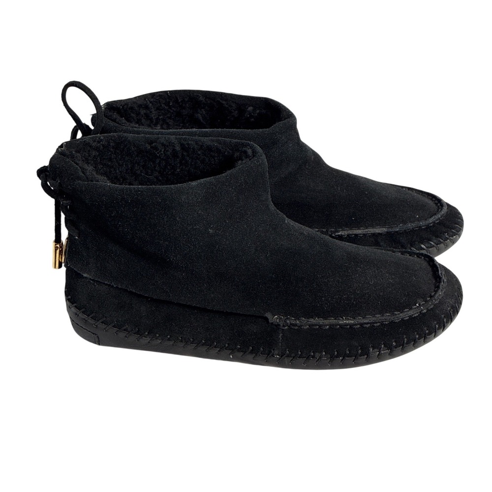 Tory Burch Black Suede Shearling Fur Moccasin Ankle Boots Gold Logo 8M